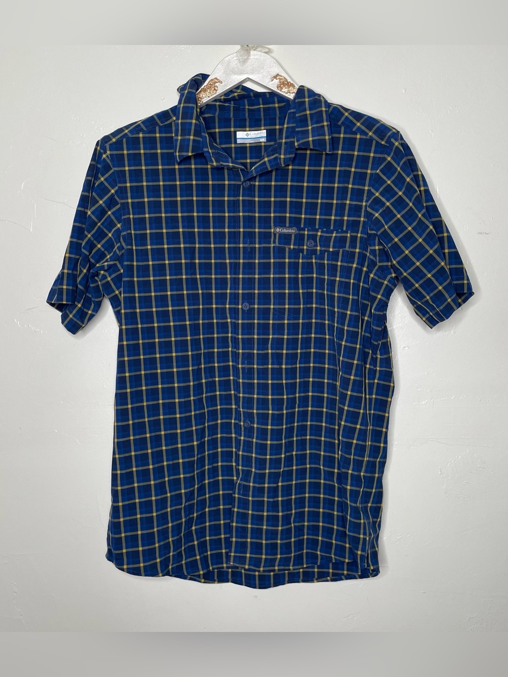 COLUMBIA BLUE & YELLOW PLAID BUTTON DOWN SHIRT SZ M